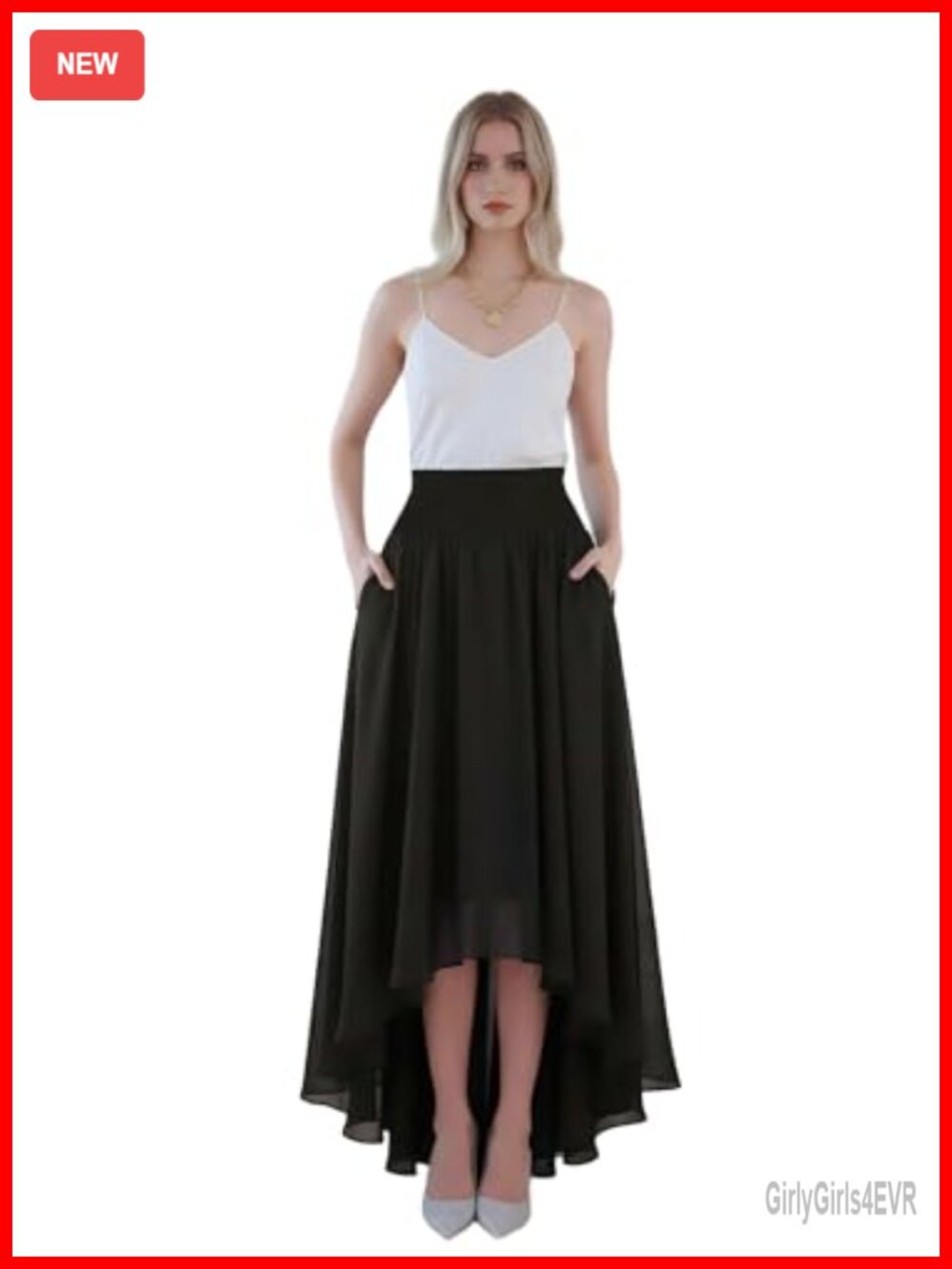 Women's Chiffon High Low Maxi Skirt A-Line Elastic Waist Pockets